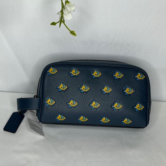 Coach New York Navy Blue Leather Cosmetic Bag, Yellow Fish Print, Dust Bag, NWT - Picture 2 of 13